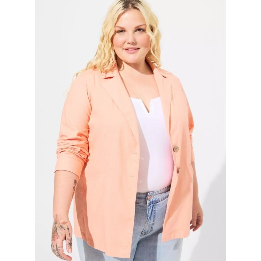Torrid Blazer Jacket Womens 3 3X Salmon Linen Blend Longline Button Front Career